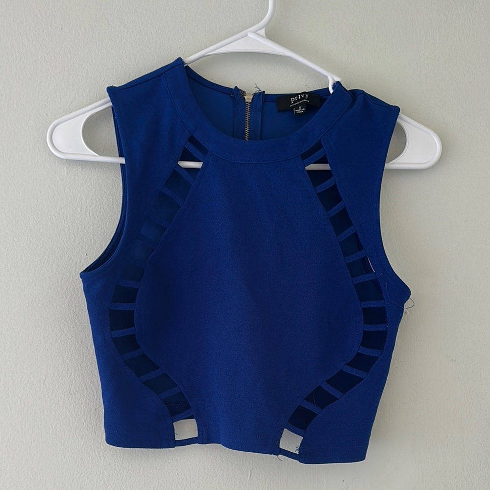 Privy Blue Sleeveless Crop Tank with Cut Out Design